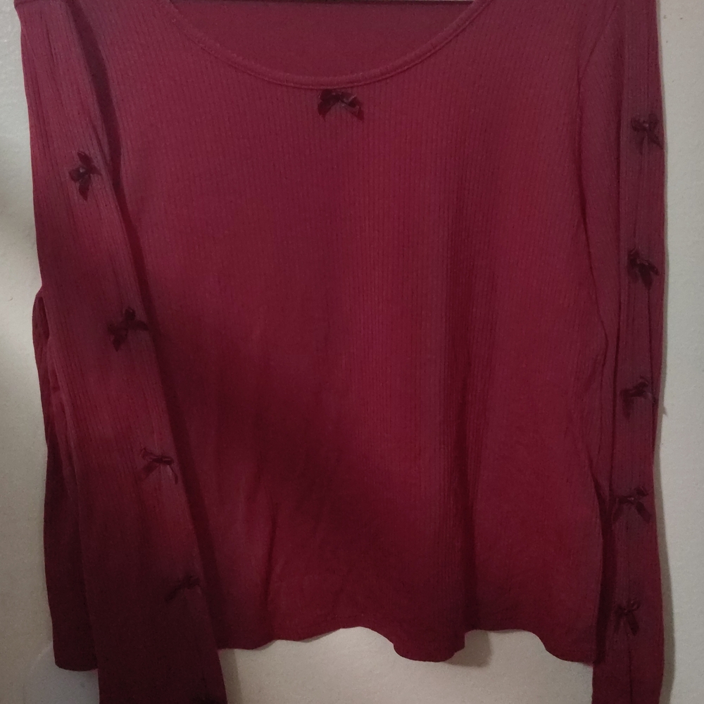 Ragdoll Deep Red Long Sleeve Top with Bow Accents